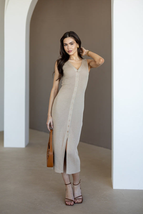 Léonie Buttoned Knit Midi Dress – Beige