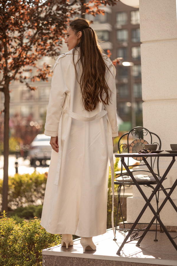Dorothée Belted Faux-Leather Trench – Beige
