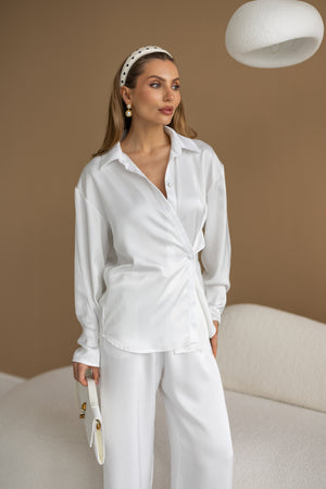 Armelle Satin Shirt & Trouser Set – Milk White