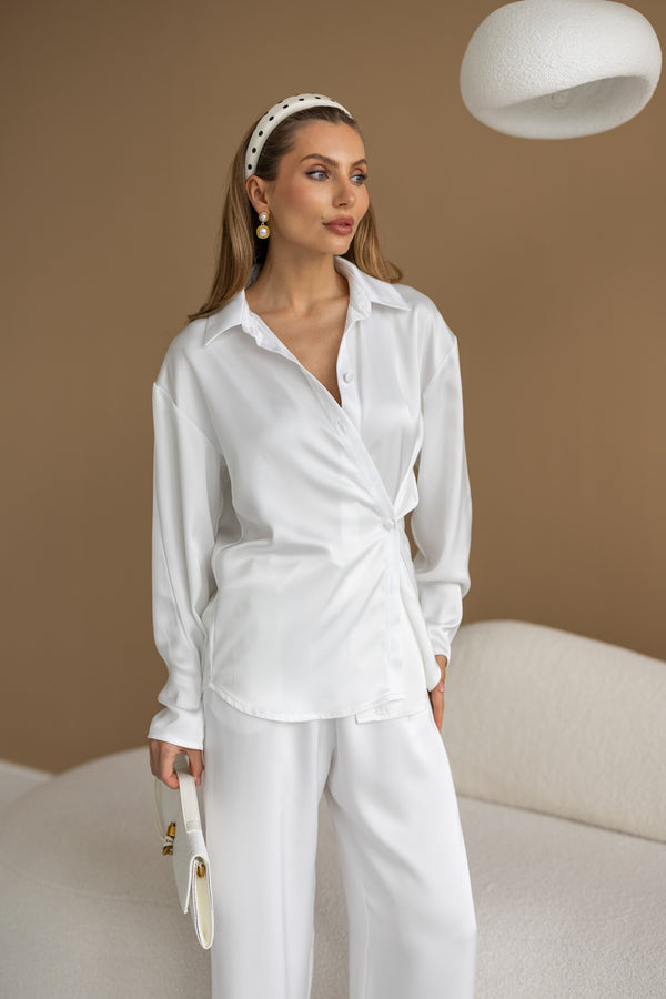 Armelle Satin Shirt & Trouser Set – Milk White