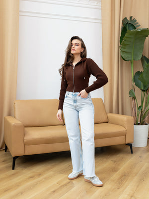 Capucine Cropped Zip Knit Jacket – Brown