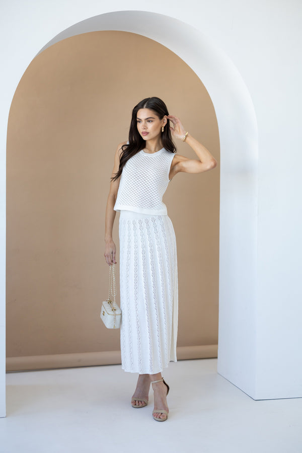 Ophélie Knit Top & Pleated Skirt Set – Milk White