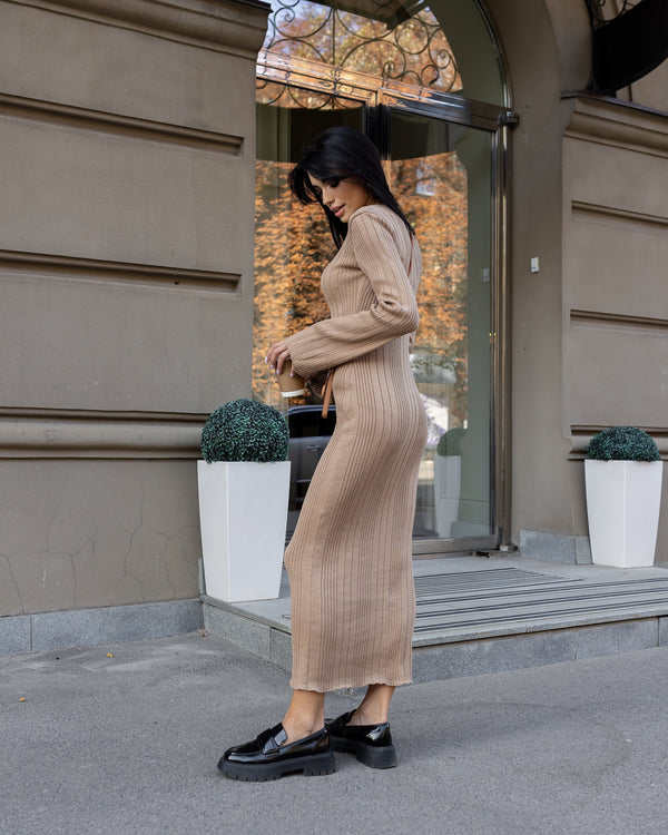 Rosalie Ribbed Midi Dress – Camel