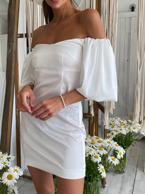 Sylvette Off-Shoulder Satin Mini Dress – White