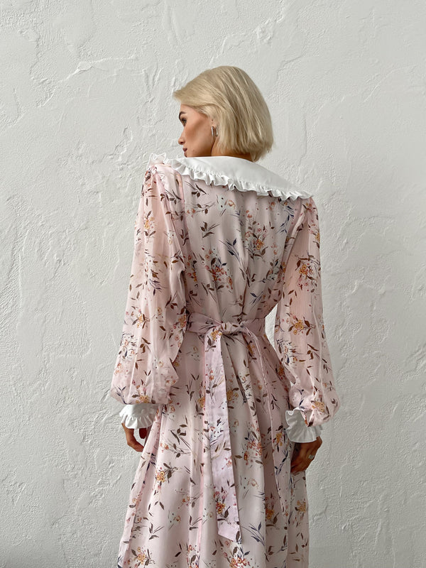Domitille Collared Floral Midi Dress – Powder