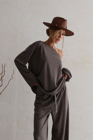 Céleste Off-Shoulder Knit Set – Dark Gray
