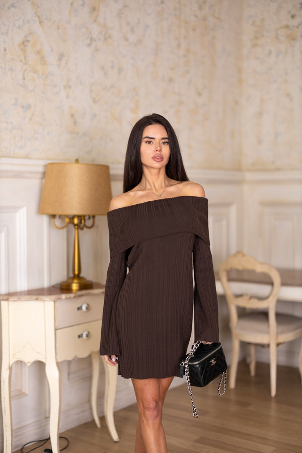 Noor Off-Shoulder Knit Dress – Brown