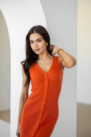 Léonie Buttoned Knit Midi Dress – Orange