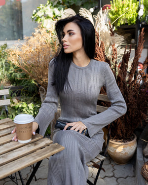 Rosalie Ribbed Midi Dress – Grey
