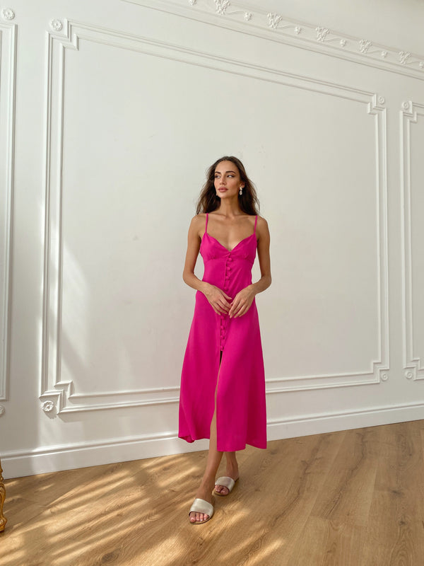 Nolwenn Buttoned Satin Slip Dress – Fuchsia