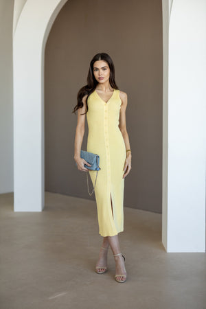 Léonie Buttoned Knit Midi Dress – Yellow