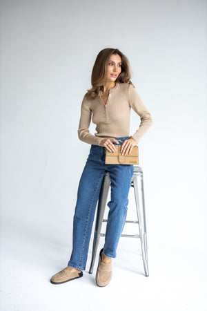 Elise Buttoned Knit Top – Beige