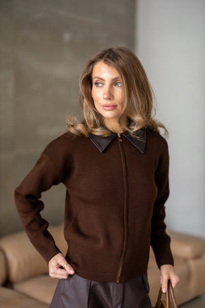 Perrine Collared Cable Sweater – Brown