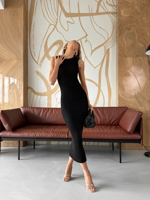 Anaëlle Ribbed Column Maxi Dress – Black