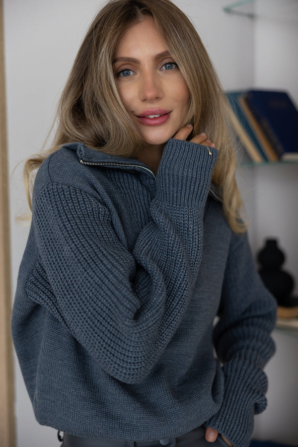 Éliane Half-Zip Cropped Sweater – Charcoal