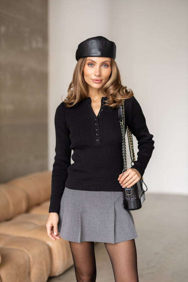 Elise Buttoned Knit Top – Black
