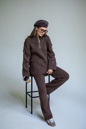 Agathe Half-Zip Knit Set – Brown