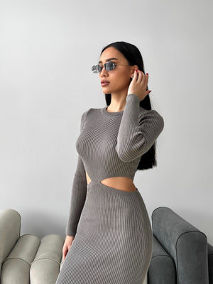Nadia Ribbed Cut-Out Knit Set – Grey