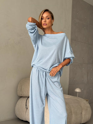 Céleste Off-Shoulder Knit Set – Sky Blue