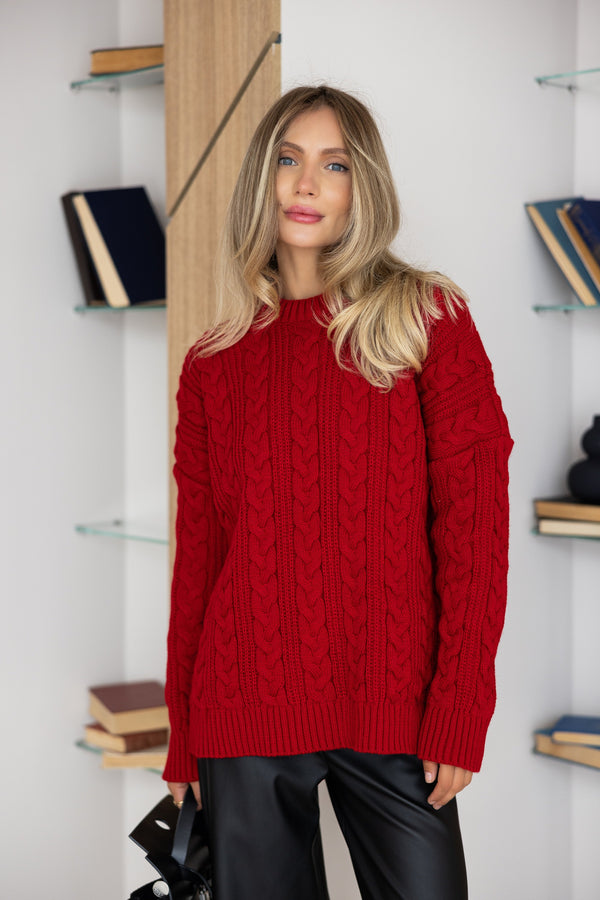 Mireille Cable Knit Sweater – Red