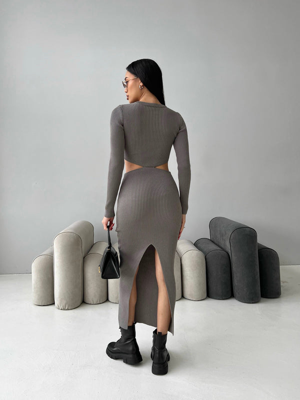 Nadia Ribbed Cut-Out Knit Set – Grey