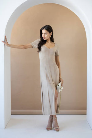 Isadora Slit Knit Maxi Dress – Beige