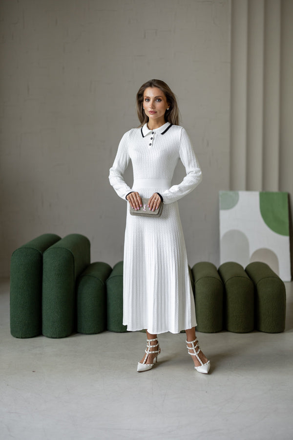 Constance Contrast-Collar Knit Midi Dress – White