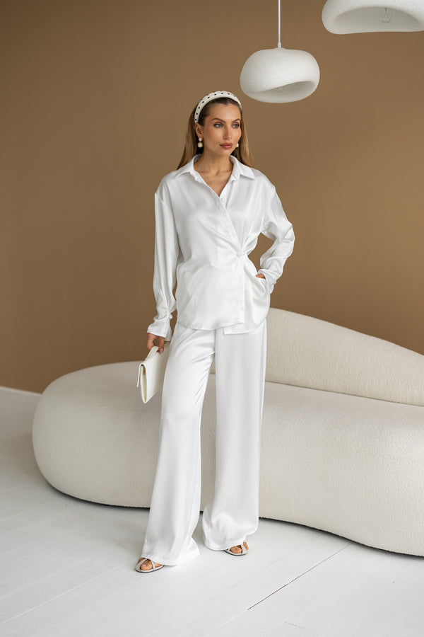 Armelle Satin Shirt & Trouser Set – Milk White