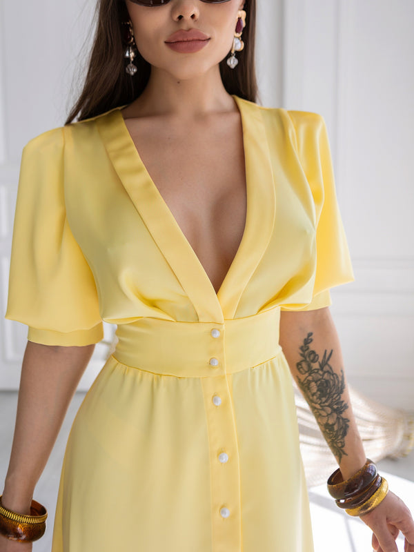 Chiara Button-Front Midi Dress – Yellow