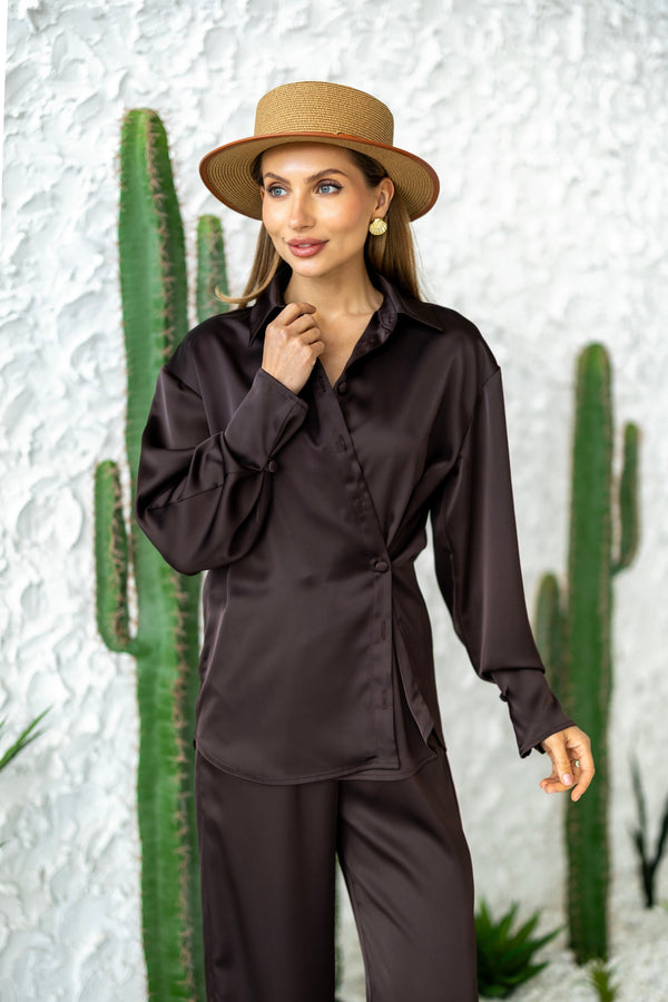 Armelle Satin Shirt & Trouser Set – Brown