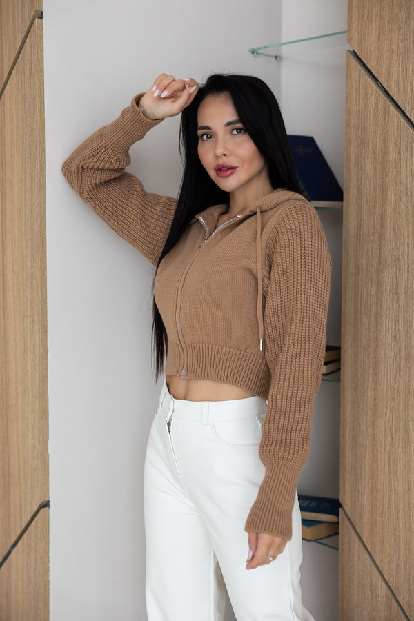 Capucine Cropped Zip Knit Jacket – Camel
