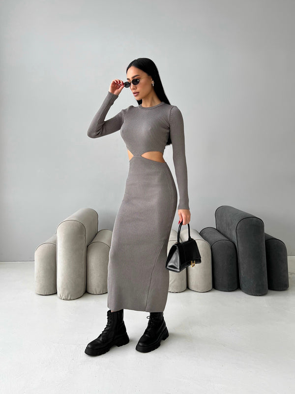 Nadia Ribbed Cut-Out Knit Set – Grey