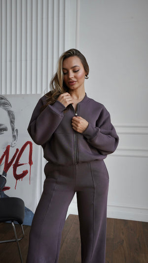 Alara Zip-Through Knit Set – Brown