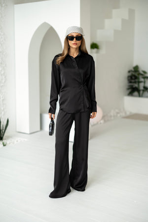 Armelle Satin Shirt & Trouser Set – Black
