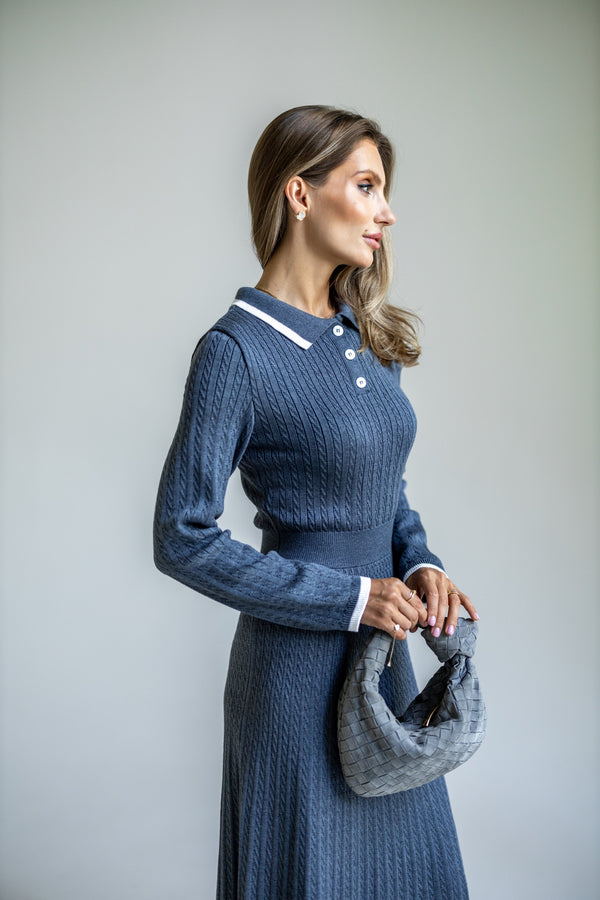 Constance Contrast-Collar Knit Midi Dress – Blue