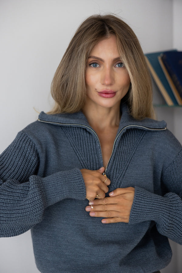 Éliane Half-Zip Cropped Sweater – Charcoal