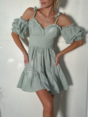 Flavie Off-Shoulder Tiered Mini Dress in Mint