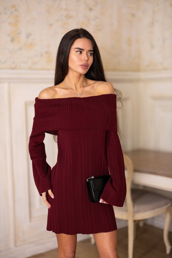 Noor Off-Shoulder Knit Dress – Burgundy