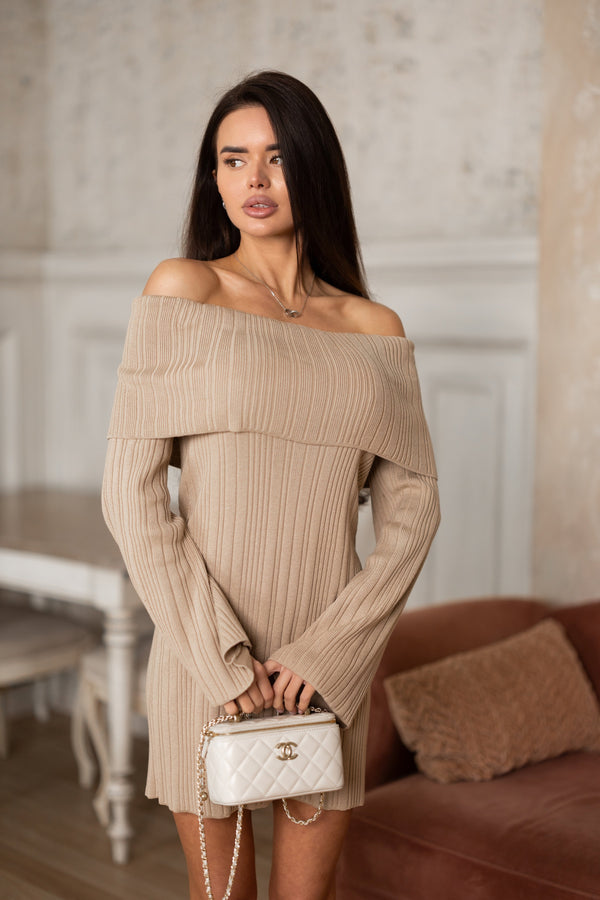 Noor Off-Shoulder Knit Dress – Beige