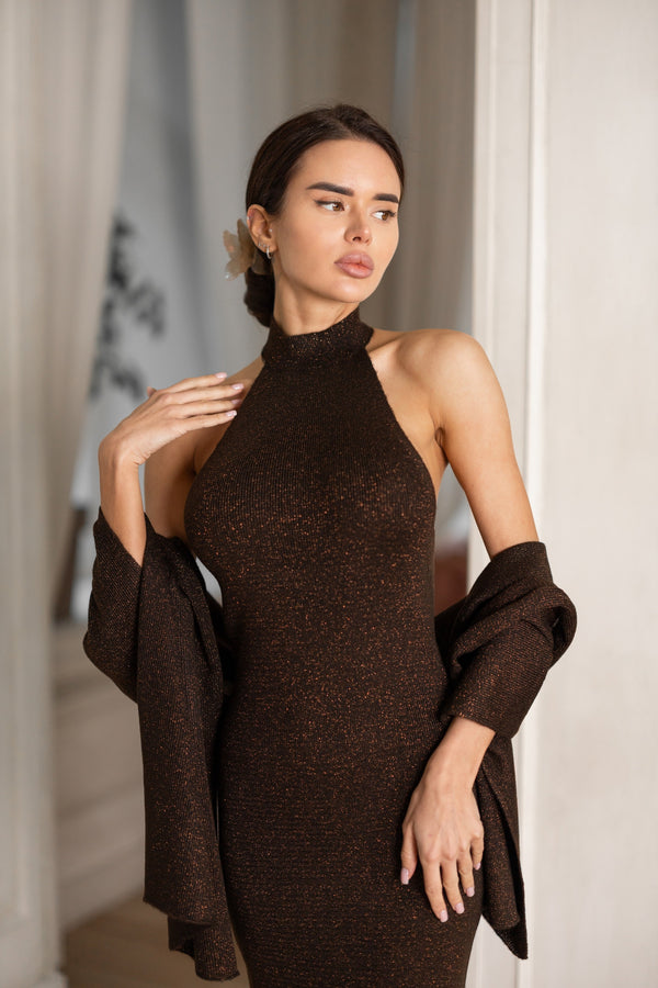 Salomé Halter Maxi & Cardigan Set – Brown
