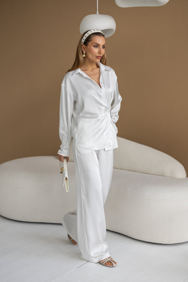 Armelle Satin Shirt & Trouser Set – Milk White