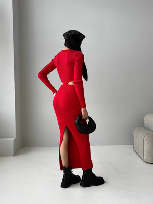 Nadia Ribbed Cut-Out Knit Set – Red