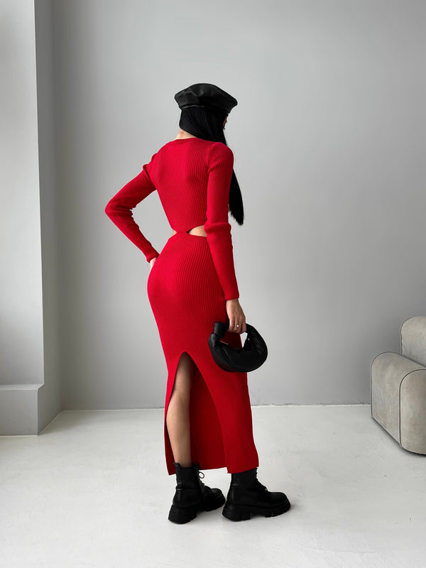 Nadia Ribbed Cut-Out Knit Set – Red