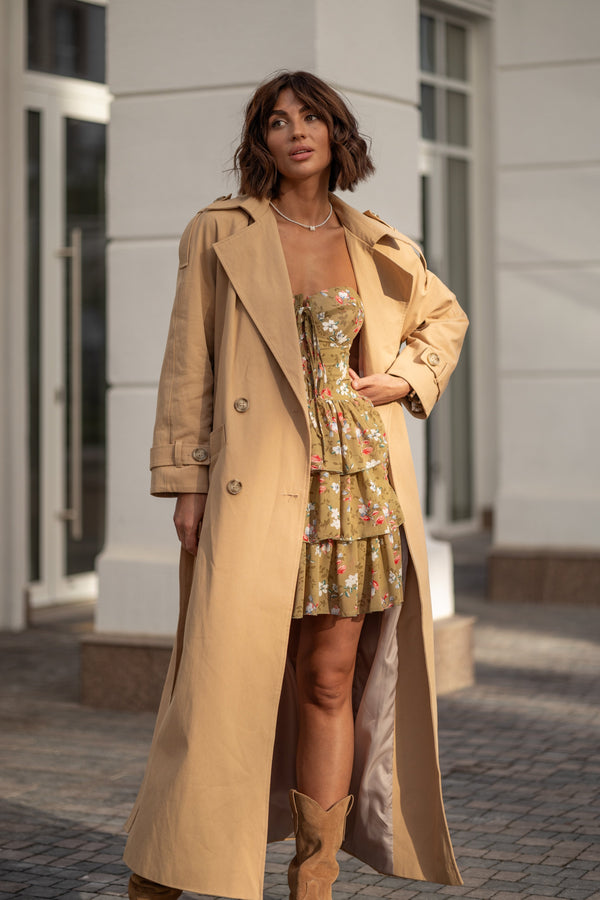 Dorothée Belted Faux-Leather Trench – Camel