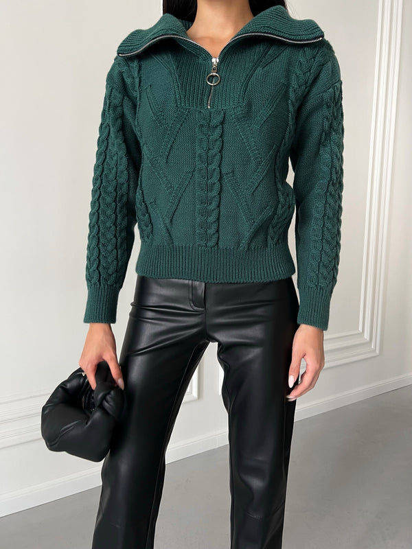 Vera Cable Half-Zip Sweater – Forest Green
