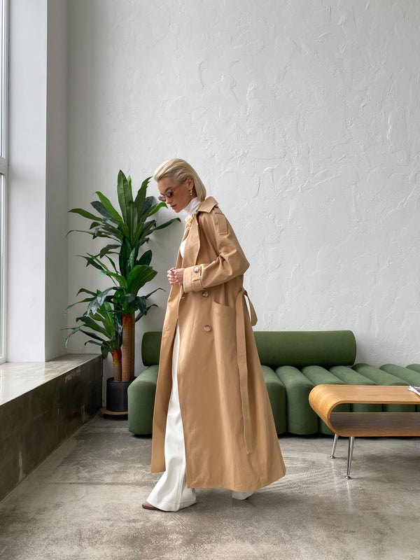 Dorothée Belted Faux-Leather Trench – Camel