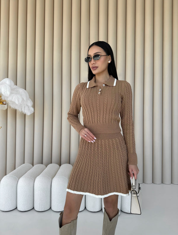 Coco Contrast-Trim Knit Set – Camel