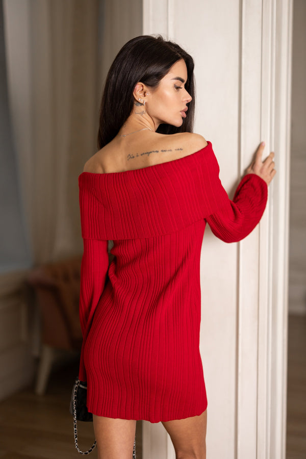 Noor Off-Shoulder Knit Dress – Red