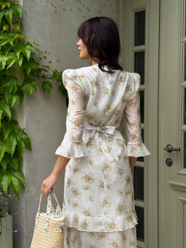 Sixtine Printed Tiered Maxi Dress – Beige