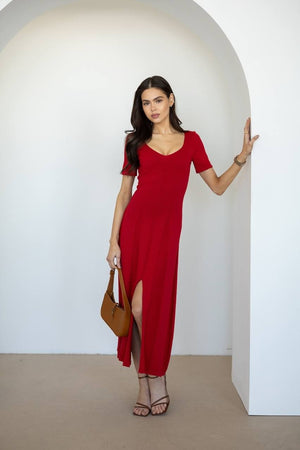 Isadora Slit Knit Maxi Dress – Red